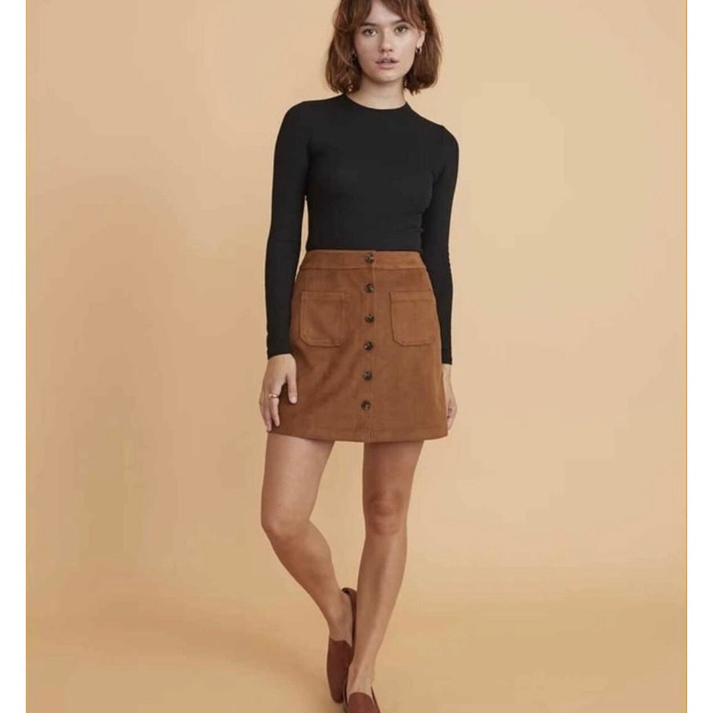 Marine Layer Myra Faux Suede Button Front Mini Skirt Brown Size 12‎ Preppy